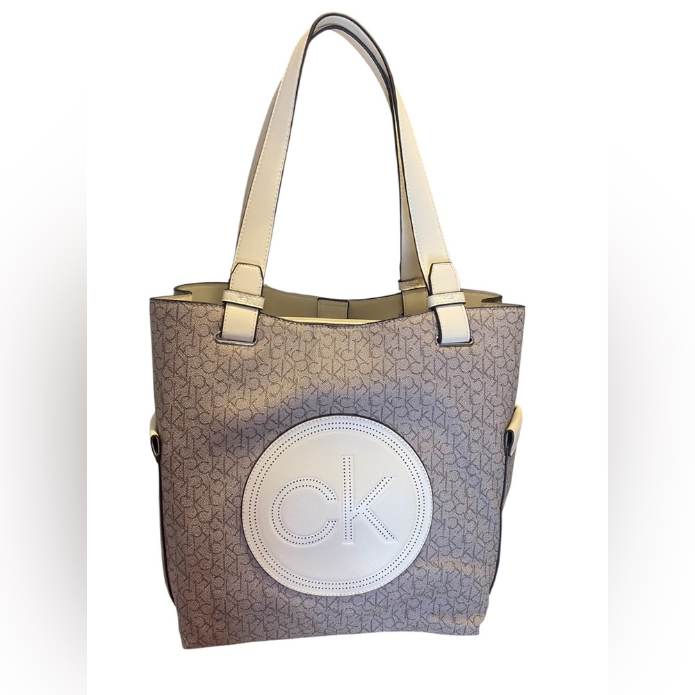 Calvin Klein Beige and White Tote Bag
